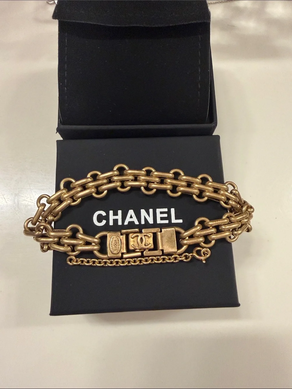 CHANEL Gold-Tone Layered Chain Bracelet with Signature CC Clasp
